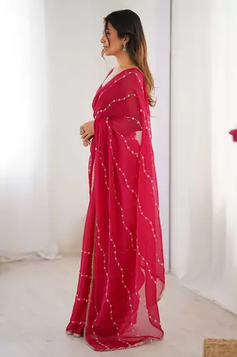 Pretty pink motifs beads party wear saree with blouse