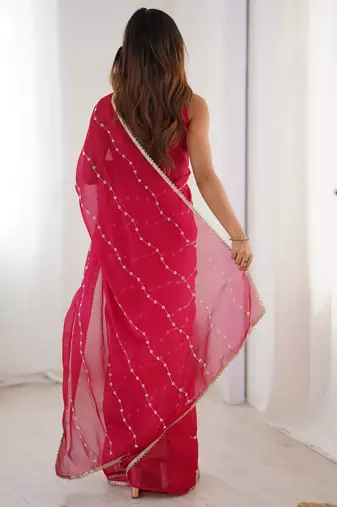 Pretty pink motifs beads party wear saree with blouse