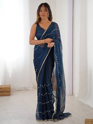 Stunning blue chiffon sequins saree with blouse 1
