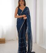 Stunning blue chiffon sequins saree with blouse