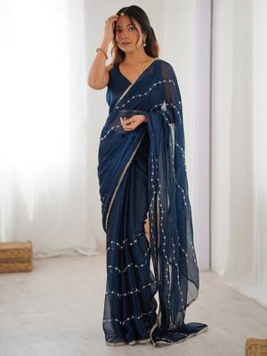 Stunning blue chiffon sequins saree with blouse 2