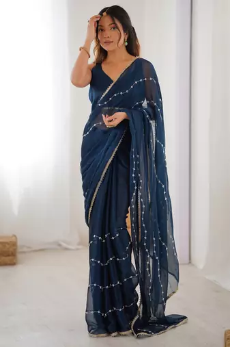 Stunning blue chiffon sequins saree with blouse