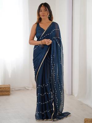 Stunning blue chiffon sequins saree with blouse 3