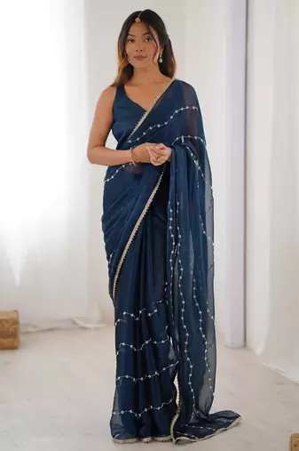 Stunning blue chiffon sequins saree with blouse