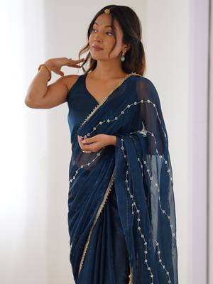 Stunning blue chiffon sequins saree with blouse 5