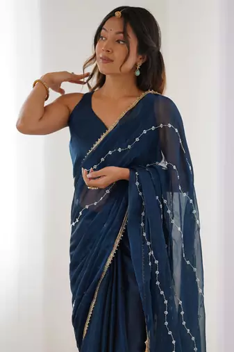 Stunning blue chiffon sequins saree with blouse