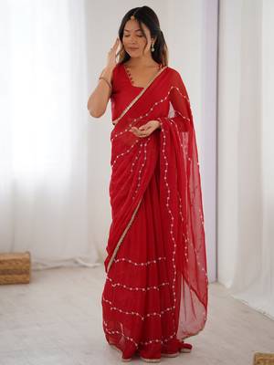 Lovely red chiffon sequins festival wear saree with blouse 1