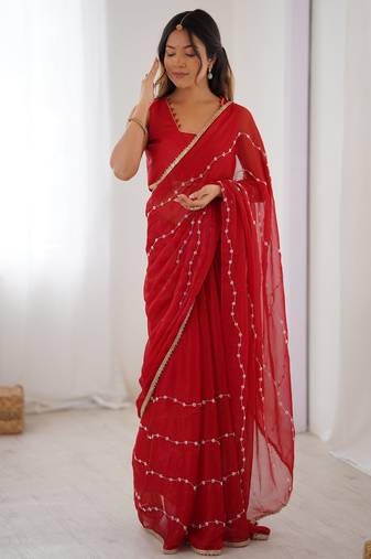 Lovely red chiffon sequins festival wear saree with blouse