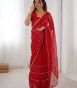 Lovely red chiffon sequins festival wear saree with blouse
