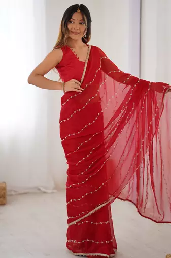 Lovely red chiffon sequins festival wear saree with blouse