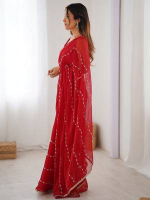 Lovely red chiffon sequins festival wear saree with blouse 3