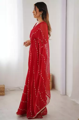 Lovely red chiffon sequins festival wear saree with blouse