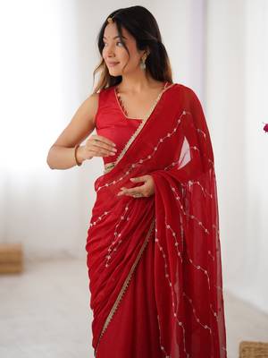 Lovely red chiffon sequins festival wear saree with blouse 5