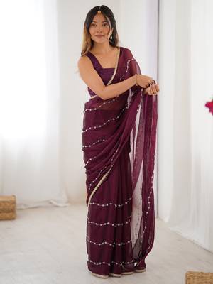 Gorgeous wine beads work chiffon saree with blouse 1