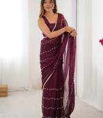 Gorgeous wine beads work chiffon saree with blouse