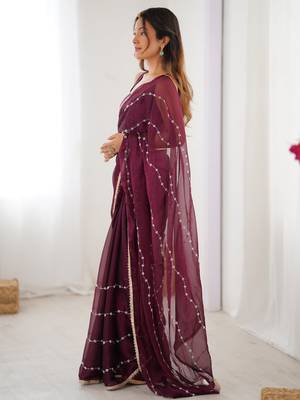 Gorgeous wine beads work chiffon saree with blouse 2