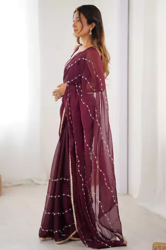 Gorgeous wine beads work chiffon saree with blouse