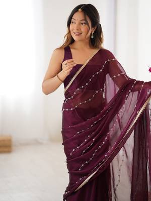 Gorgeous wine beads work chiffon saree with blouse 3