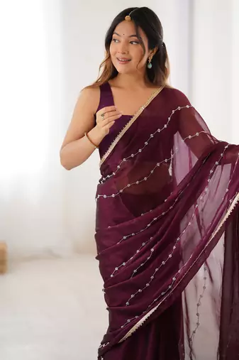 Gorgeous wine beads work chiffon saree with blouse