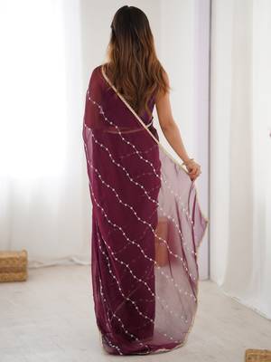 Gorgeous wine beads work chiffon saree with blouse 4