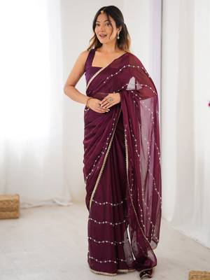 Gorgeous wine beads work chiffon saree with blouse 5