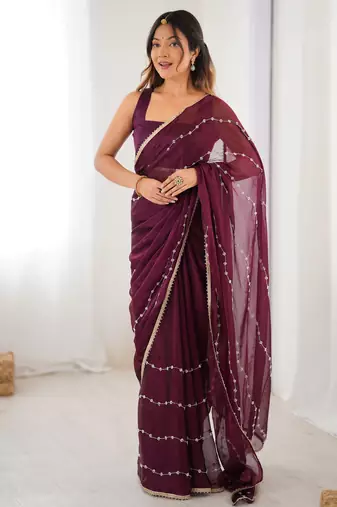 Gorgeous wine beads work chiffon saree with blouse