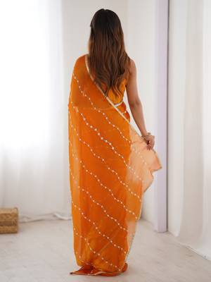 Glamorous orange sequins sangeet wear saree with blouse 3