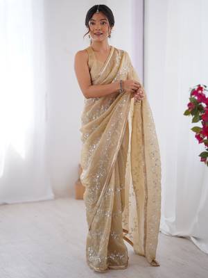 Gorgeous beige organza beads work saree with blouse 1