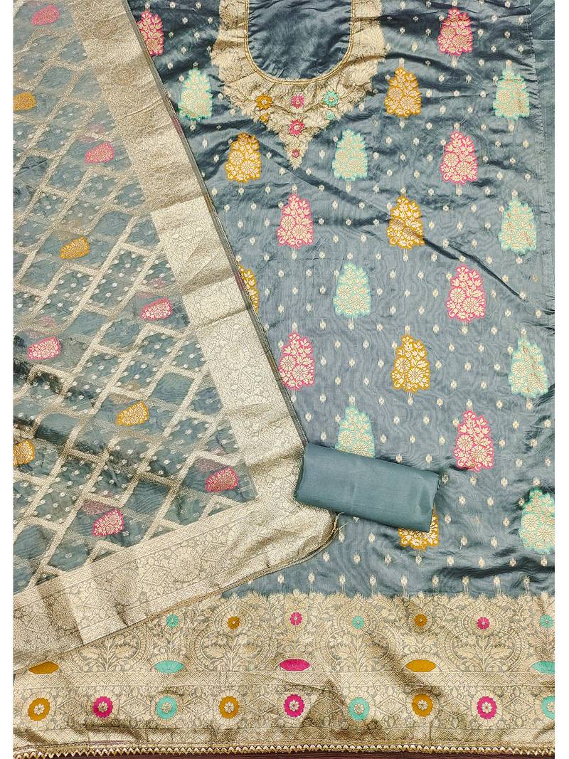   grey jacquard suit set with embroidered neckline & banarasi dupatta