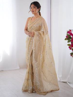 Gorgeous beige organza beads work saree with blouse 2