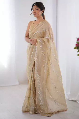 Gorgeous beige organza beads work saree with blouse