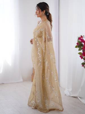 Gorgeous beige organza beads work saree with blouse 3