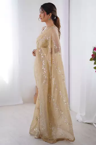 Gorgeous beige organza beads work saree with blouse