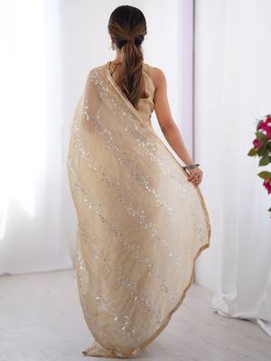 Gorgeous beige organza beads work saree with blouse 4