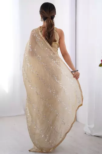 Gorgeous beige organza beads work saree with blouse