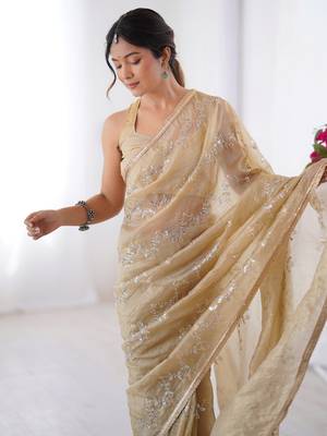 Gorgeous beige organza beads work saree with blouse 5