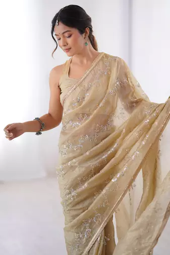 Gorgeous beige organza beads work saree with blouse