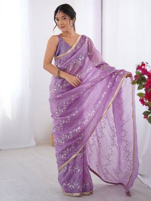 Pretty purple sequins party wear saree with blouse 1