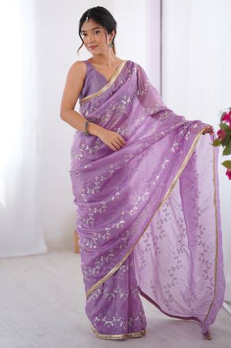 Pretty purple sequins party wear saree with blouse