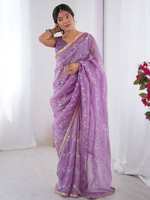 Pretty purple sequins party wear saree with blouse 2