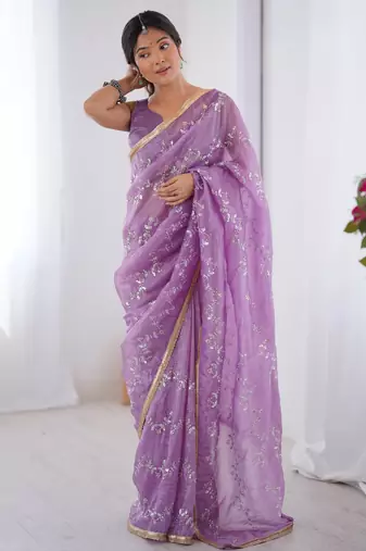 Pretty purple sequins party wear saree with blouse