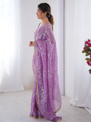Pretty purple sequins party wear saree with blouse 3
