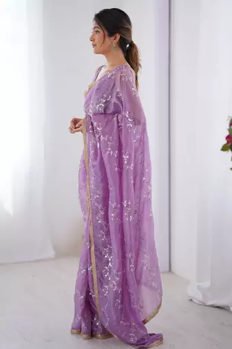 Pretty purple sequins party wear saree with blouse
