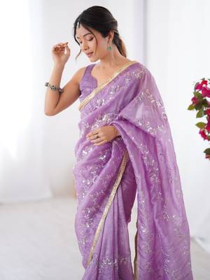 Pretty purple sequins party wear saree with blouse 5