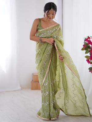 Adorable pista green sequins organza saree with blouse 1