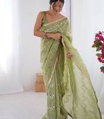 Adorable pista green sequins organza saree with blouse