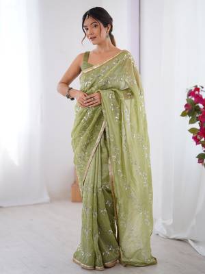 Adorable pista green sequins organza saree with blouse 2