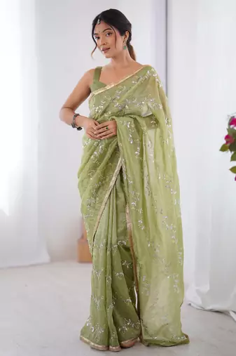Adorable pista green sequins organza saree with blouse