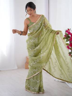 Adorable pista green sequins organza saree with blouse 3