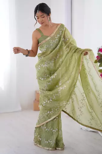 Adorable pista green sequins organza saree with blouse